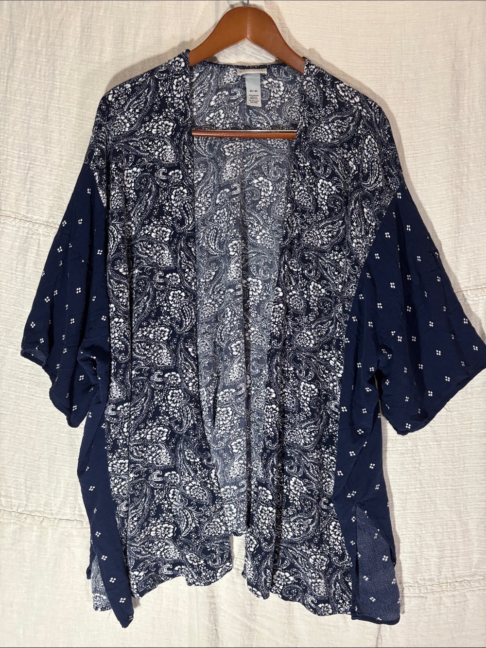 Catherines Plus Size Paisley Kimono Cardigan Duster Blue White 2X/3X EUC